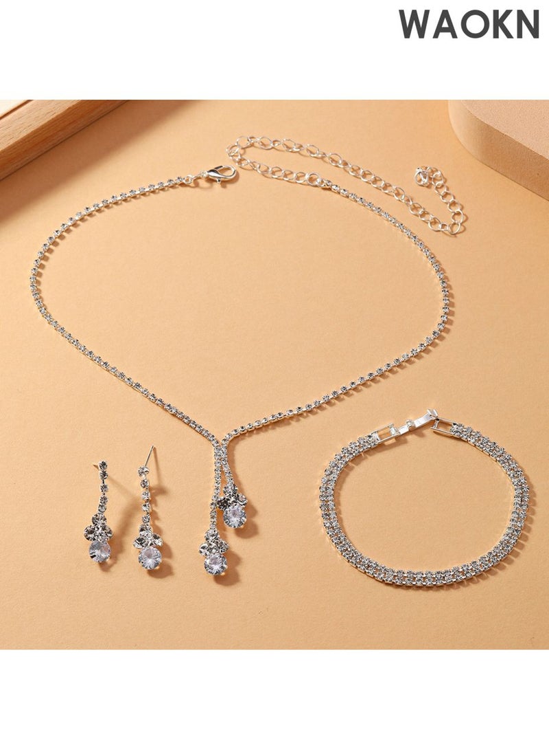 WAOKN 3Piece Jewelry Set of Necklace and Earrings bracelet , Shiny Round Diamond Chic Rhinestone Decor Jewellery Set , suitable for Women Ladies Gift for Girlfriend Wife Mother Bridesmaids Wedding Party Accessories . - Image 1