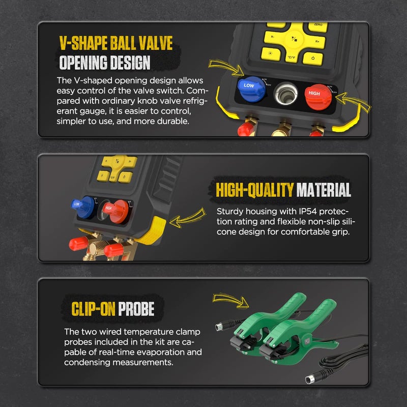 Autool HVAC Digital Manifold Gauge SetAC Manifold Gauge SetVacuum Pressure Temperature Leakage Tester for Automotive Air Conditioning System Compatible with R12R22R32R407CR404AR410AR502R134aR1234YF - Image 5