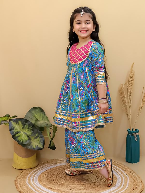 superminis Girls Cotton Floral Printed Gotta Work 3/4 Sleeves Kurti and Matching Sharara Ethnic Wear Set (4-5 Years, Blue) - Image 4
