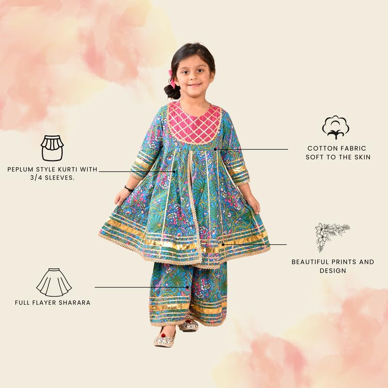 superminis Girls Cotton Floral Printed Gotta Work 3/4 Sleeves Kurti and Matching Sharara Ethnic Wear Set (4-5 Years, Blue) - Image 2