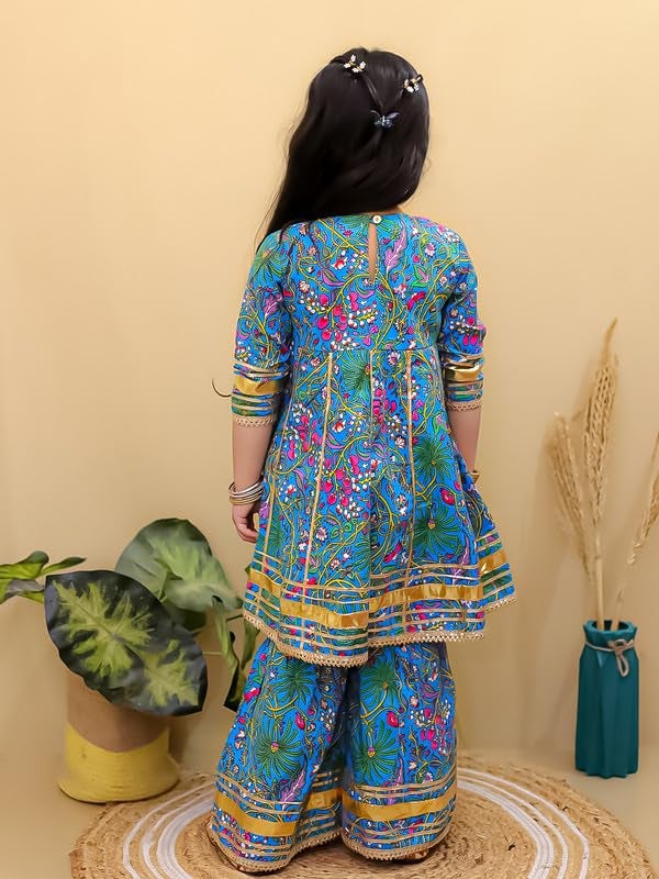 superminis Girls Cotton Floral Printed Gotta Work 3/4 Sleeves Kurti and Matching Sharara Ethnic Wear Set (4-5 Years, Blue) - Image 3