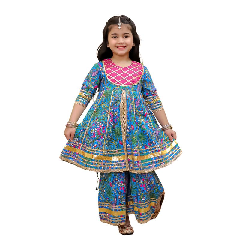 superminis Girls Cotton Floral Printed Gotta Work 3/4 Sleeves Kurti and Matching Sharara Ethnic Wear Set (4-5 Years, Blue) - Image 1