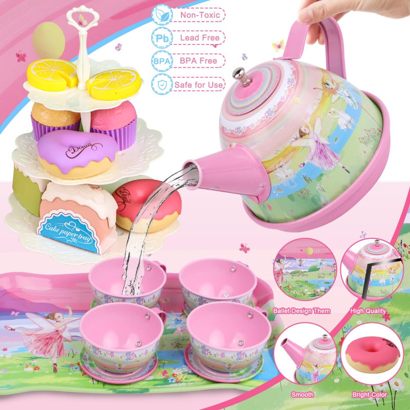 PRE-WORLD Tea Set for Little Girls,PRE-WORLD 50PCS Princess Tea Party Time Toy Including Dessert,Cookies,Doughnut,Teapot Tray Cake, Tablecloth & Carrying Case,Kids Kitchen Pretend Play for Girls Boys Age 3-6 - Image 3