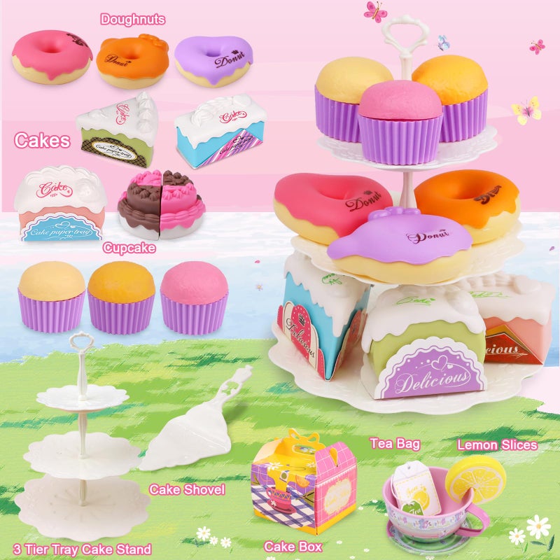 PRE-WORLD Tea Set for Little Girls,PRE-WORLD 50PCS Princess Tea Party Time Toy Including Dessert,Cookies,Doughnut,Teapot Tray Cake, Tablecloth & Carrying Case,Kids Kitchen Pretend Play for Girls Boys Age 3-6 - Image 5