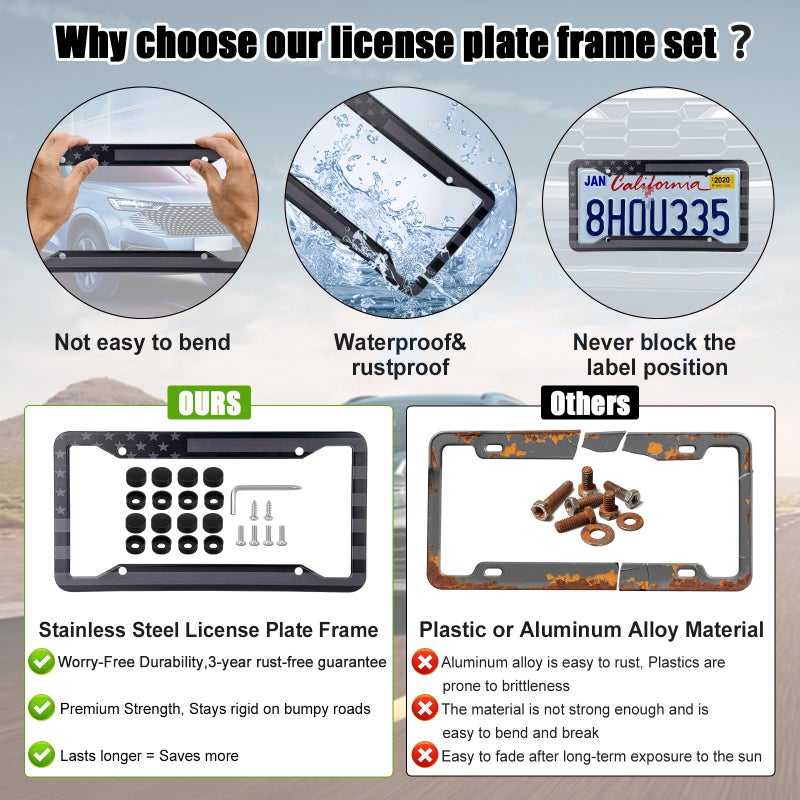 YEVEDUO American Flag License Plate Frames Holder - 2 Pack Stainless Steel Rustproof USA Patriotic Car Tag Cover Holder with Free Screws Accessories + Metal Stickers & Keychain & Cup Holder Mats, Black Gray - Image 2