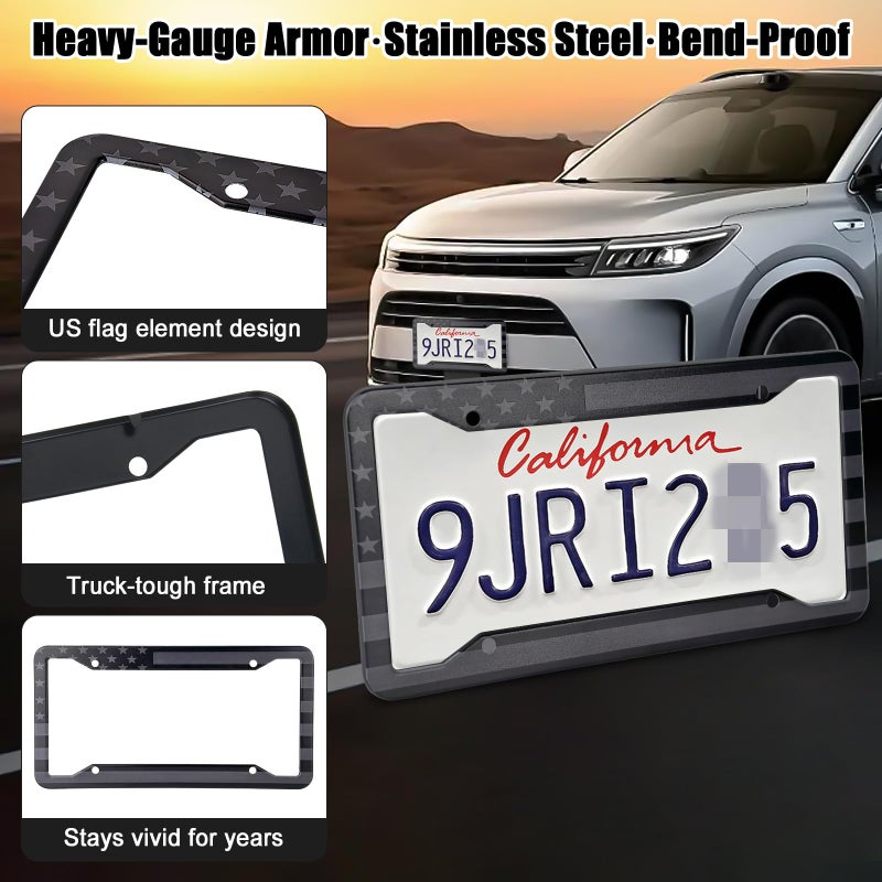 YEVEDUO American Flag License Plate Frames Holder - 2 Pack Stainless Steel Rustproof USA Patriotic Car Tag Cover Holder with Free Screws Accessories + Metal Stickers & Keychain & Cup Holder Mats, Black Gray - Image 5