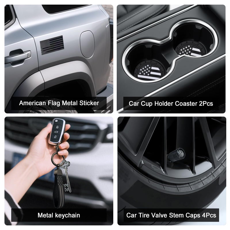 YEVEDUO American Flag License Plate Frames Holder - 2 Pack Stainless Steel Rustproof USA Patriotic Car Tag Cover Holder with Free Screws Accessories + Metal Stickers & Keychain & Cup Holder Mats, Black Gray - Image 4