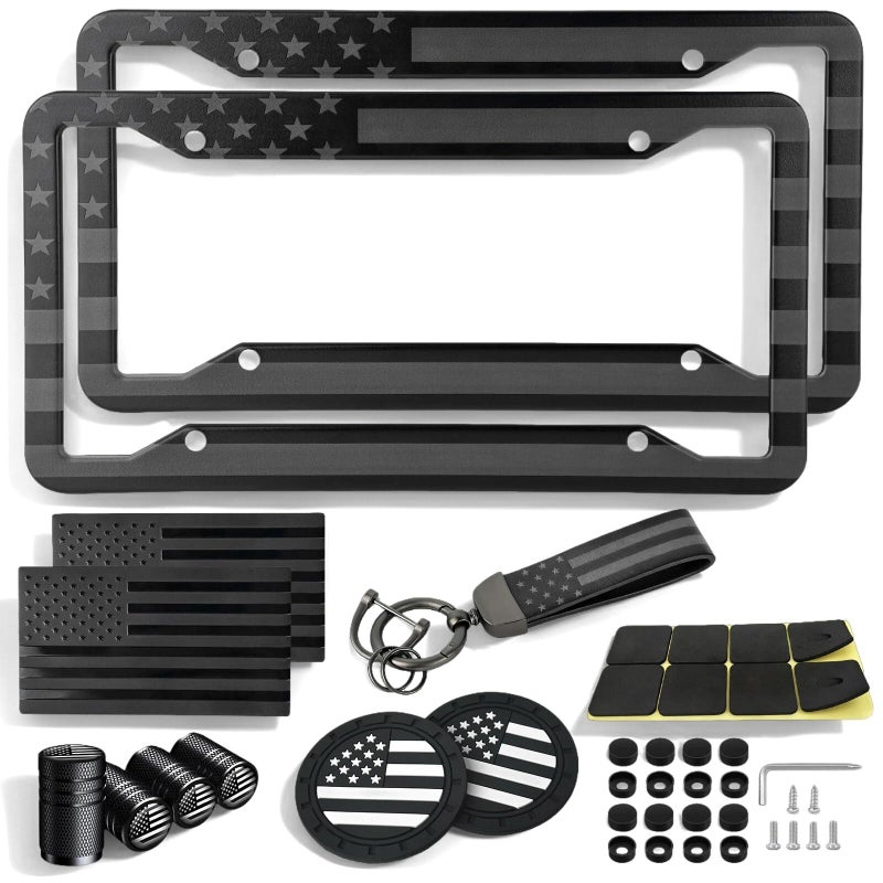 YEVEDUO American Flag License Plate Frames Holder - 2 Pack Stainless Steel Rustproof USA Patriotic Car Tag Cover Holder with Free Screws Accessories + Metal Stickers & Keychain & Cup Holder Mats, Black Gray - Image 1