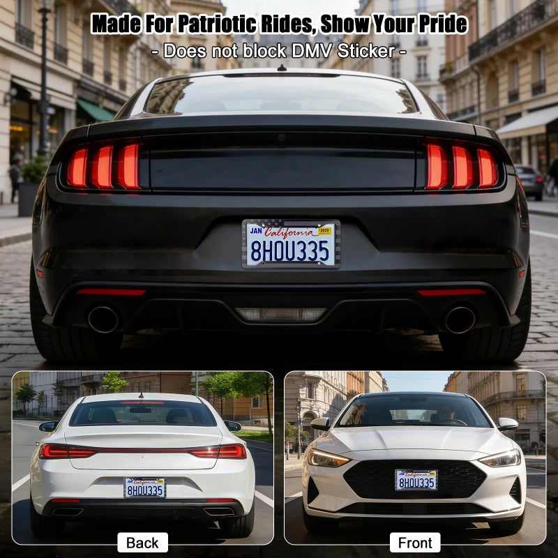 YEVEDUO American Flag License Plate Frames Holder - 2 Pack Stainless Steel Rustproof USA Patriotic Car Tag Cover Holder with Free Screws Accessories + Metal Stickers & Keychain & Cup Holder Mats, Black Gray - Image 3