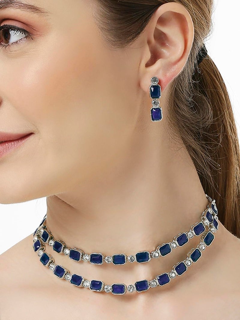 Oomph! OOMPH Jewellery Blue Crystal Multi Layer Choker Necklace Set - Party-Wear Look - For Women & Girls Stylish Latest (JRSET89_Z1) - Image 2