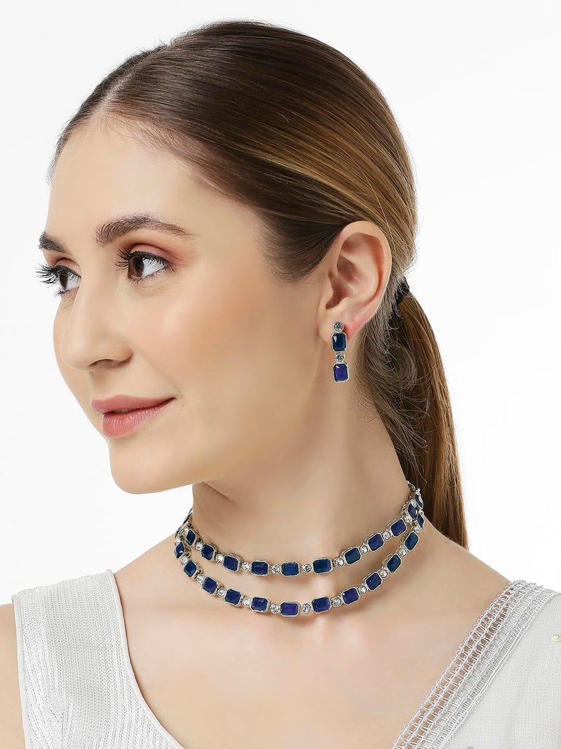 Oomph! OOMPH Jewellery Blue Crystal Multi Layer Choker Necklace Set - Party-Wear Look - For Women & Girls Stylish Latest (JRSET89_Z1) - Image 3
