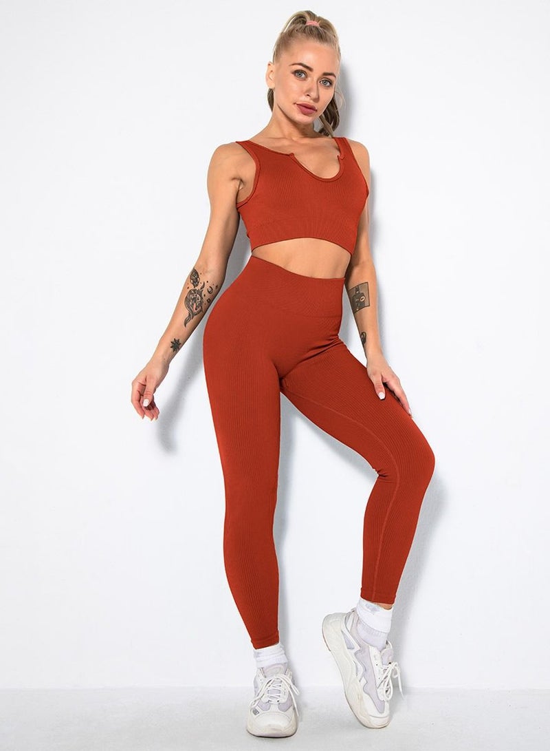Loquat Solid V-neck Bra Tights Sports Set Brick-Red - Image 1