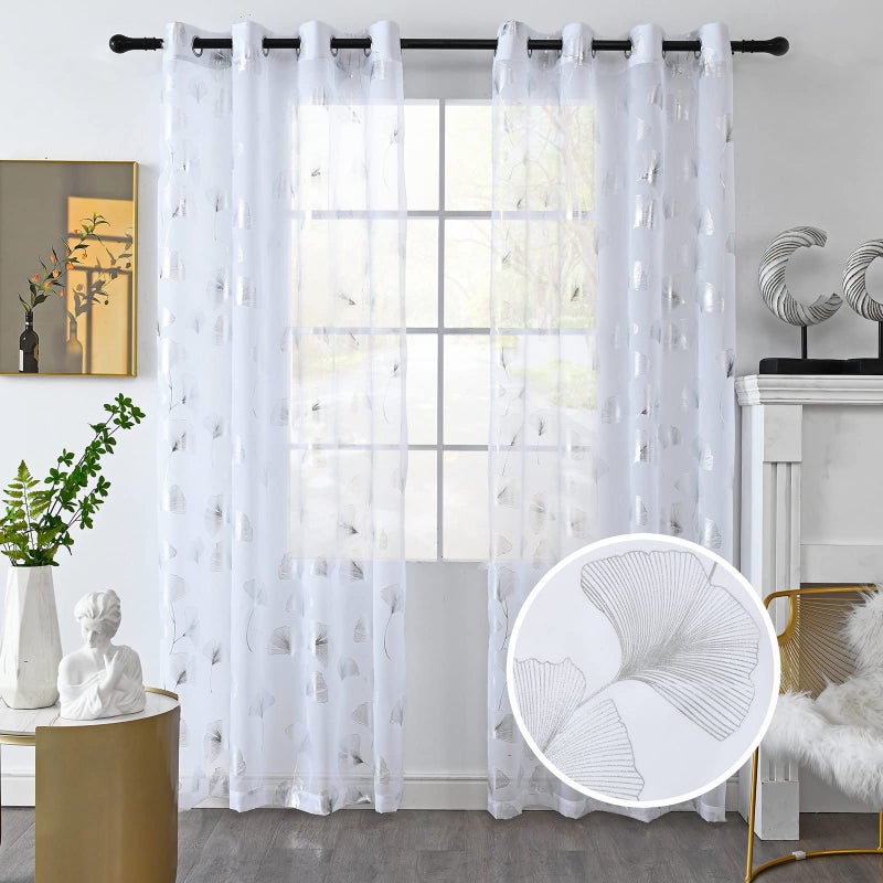 youleyar Silver Foil Print Voile Sheer Curtains Leaves Grommet Top Window Drapes 84 Inches Long Luxury Metallic Bronzing Treatment Panels for Home Window Decoration 2 Panels