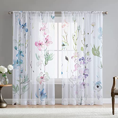 Fereyis Floral Leaves Curtains for Living Room 84 inch Length 2 Panels Set Elegant Blue Pink Spring Flower Printed Window Curtain Natural Sheer Curtains Chiffon Drapes for Bedroom - Image 1