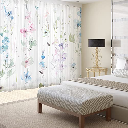 Fereyis Floral Leaves Curtains for Living Room 84 inch Length 2 Panels Set Elegant Blue Pink Spring Flower Printed Window Curtain Natural Sheer Curtains Chiffon Drapes for Bedroom - Image 2