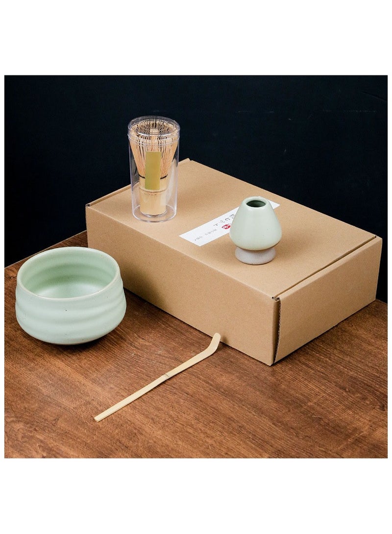 4 Piece Matcha Set, Traditional Japanese Tea Set with Ceramic Bowl, Scoop, Prong Bamboo Matcha Whisk and Holder (Light Green) - Image 1