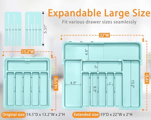 Homecor Silverware Organizer Expandable Large Kitchen Drawer Organizer Utensil Organizer with 2 Knife Block Inserts 22x 19Cutlery Tray with Drawer Dividers for Kitchen Flatware Turquoise - Image 3