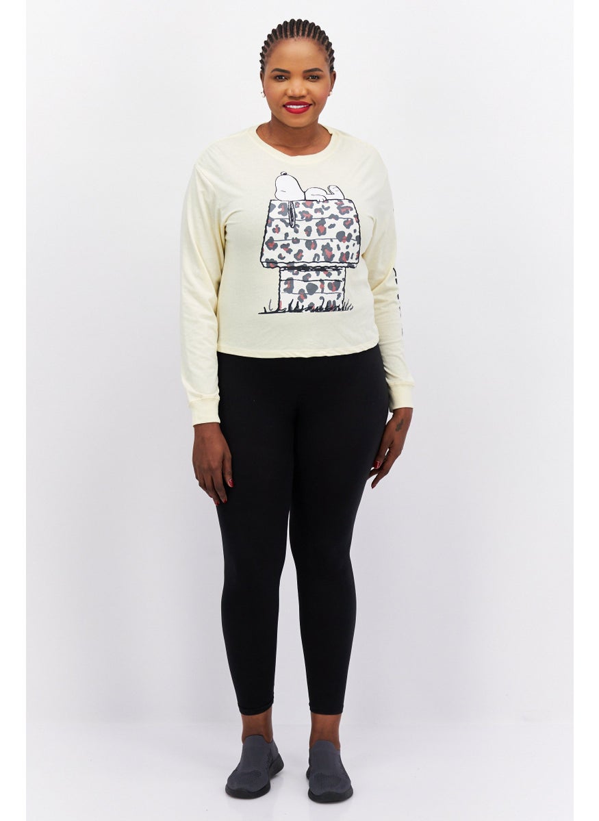 Love Tribe - Women Plus Size Crew Neck Long Sleeve Graphic Print Top, Yellow Combo - Image 1