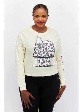 Women Plus Size Crew Neck Long Sleeve Graphic Print Top, Yellow Combo
