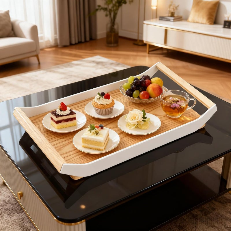 Fohome Wooden Serving Tray, Snack Tray with Handles, Food Tray for Breakfast, Coffee Table, Dinner Bar, Serving Platters for Snacks, Fruit, Reusable Decorative Tray Kitchen, Bedroom, Parties - Image 2
