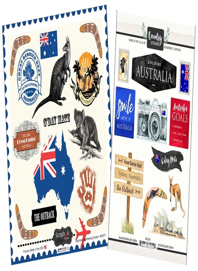 Trendzeen Australia Themed Stickers Sheet - Decorative Australia Stickers for Scrapbooking, Journals, Planners, Photo Album - Set of 2 Australia Scrapbook Sticker with Animals, Flag, Travel Inspired Designs - Image 1