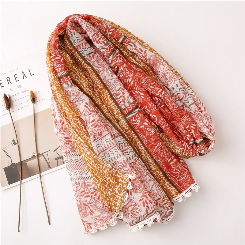 Single Export Korean Tail Single Women'S Cotton And Linen Scarf Sequined Cashew Flower Lace Ethnic Style Artistic Mori Girl - Image 4