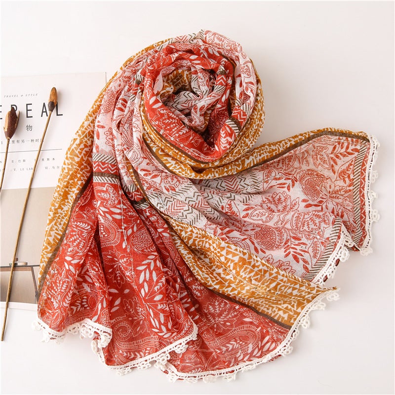 Single Export Korean Tail Single Women'S Cotton And Linen Scarf Sequined Cashew Flower Lace Ethnic Style Artistic Mori Girl - Image 5