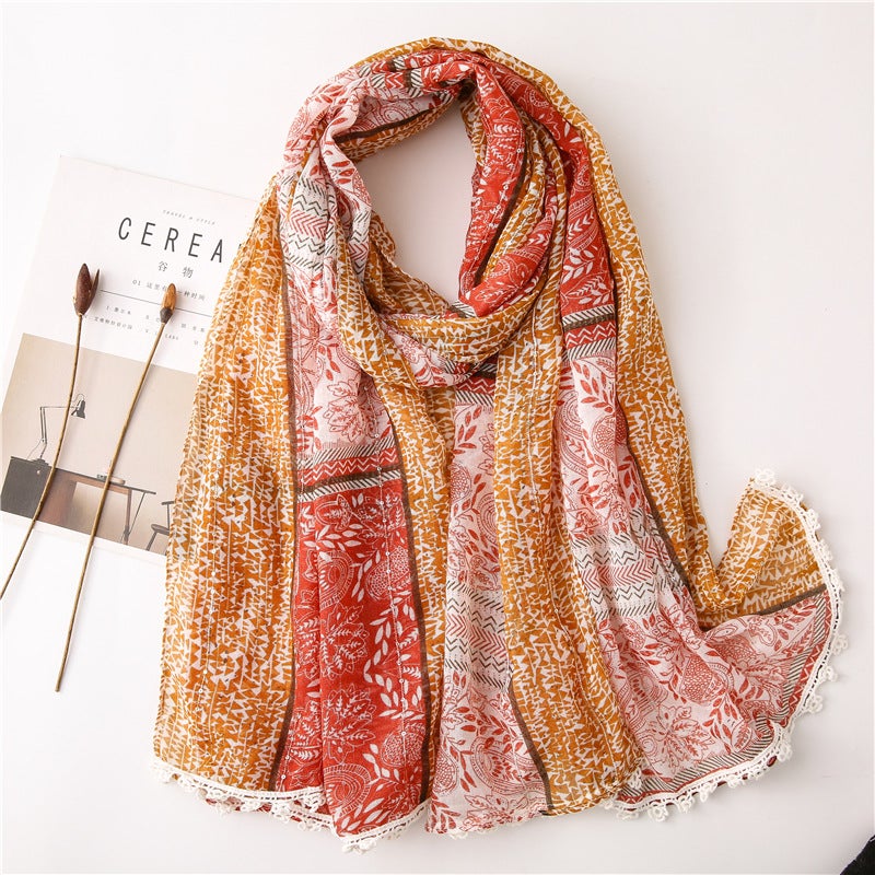 Single Export Korean Tail Single Women'S Cotton And Linen Scarf Sequined Cashew Flower Lace Ethnic Style Artistic Mori Girl - Image 2