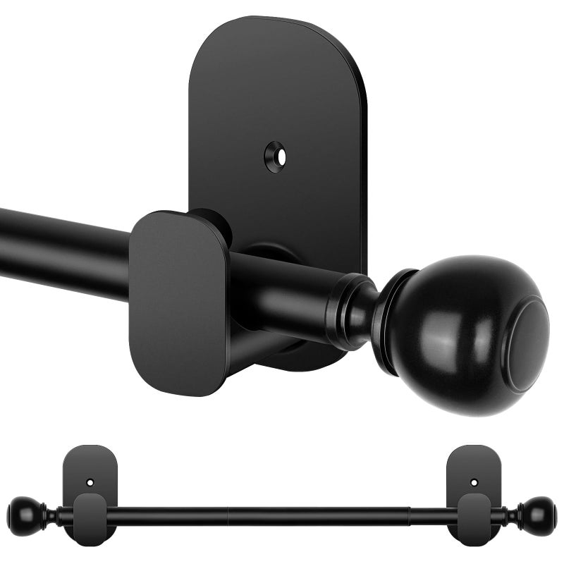 USFOOK Black No Drill Curtain Rods for Windows 48 to 84 inch, USFOOK 5/8 Inch Curtain Rods No Drilling with 3M Adhesive Holders, Adhesive Drapery Rod with Round Finials - Image 1