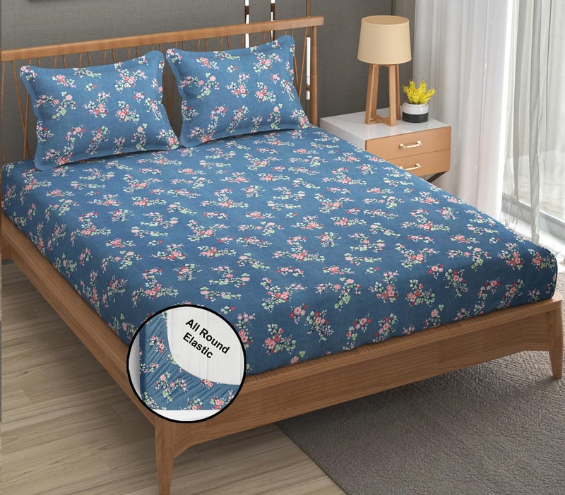 FRESH FROM LOOM FRESH FROM LOOM Anti Fade Floral Print 240 TC Microfiber King Size Fitted Bedsheet with 2 Pillow Covers Size 78 x 72 Inches Fits up to 10 Inch GreyishBlue 