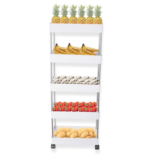 PULSBERY Multi-Purpose Plastic Stackable Slim Racks with Wheels(White)(Kitchen Trolley)(5 Layer-White Color) - Image 1