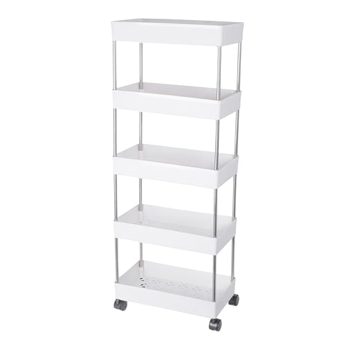 PULSBERY Multi-Purpose Plastic Stackable Slim Racks with Wheels(White)(Kitchen Trolley)(5 Layer-White Color) - Image 3