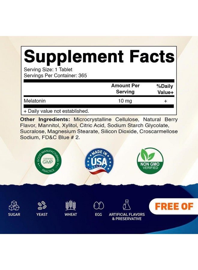 Vitamatic Melatonin 10 mg Tablets | Vegetarian, Non-GMO, Gluten-Free | 1-Year Supply | Natural Berry Flavor - 365 Tablets - Image 2