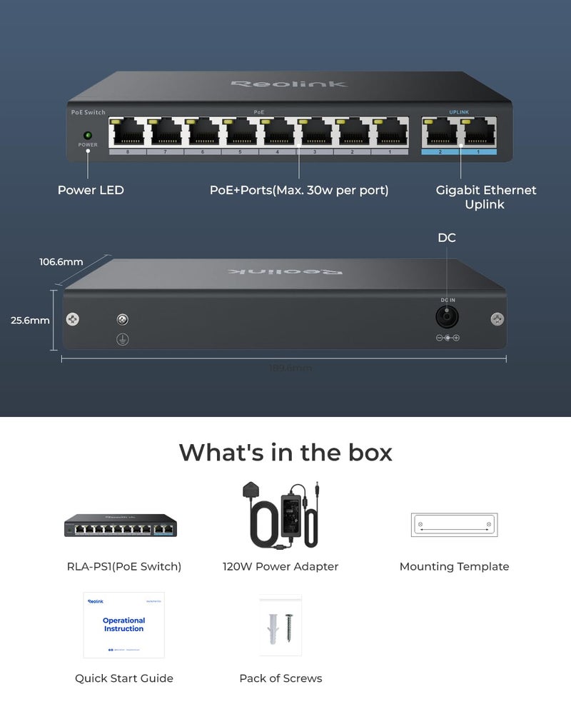 REOLINK PoE Switch with 8 PoE and 2 Gigabit Uplink Ports, Ideal for REOLINK RLN36 NVR and Power Over Ethernet IP Cameras, IEEE802.3af/at, Metal Casing, Desktop/Wall Mount, RLA-PS1 - Image 2