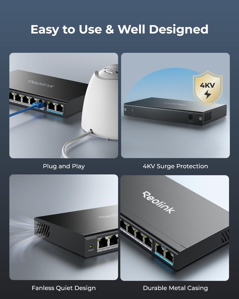 REOLINK PoE Switch with 8 PoE and 2 Gigabit Uplink Ports, Ideal for REOLINK RLN36 NVR and Power Over Ethernet IP Cameras, IEEE802.3af/at, Metal Casing, Desktop/Wall Mount, RLA-PS1 - Image 3