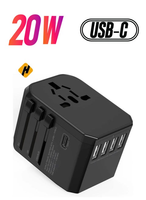 Universal Adapter with Power Socket Plugs and Plug Adaptor with 3 Ultra-Fast USB  Port and 1 Brisk USB Type C Port (Black) with  20W Dual Port USB C PD Fast ChargerUSB C to Lightning Cable