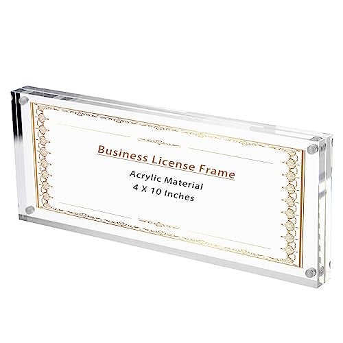 JUXYES Clear Acrylic Business License Frame Magnetic License Certificate Display Frame Acrylic Sandwich Frames Frameless Panoramic Picture Frame Tabletop Magnetic Frames for Business License 4x10 - Image 1