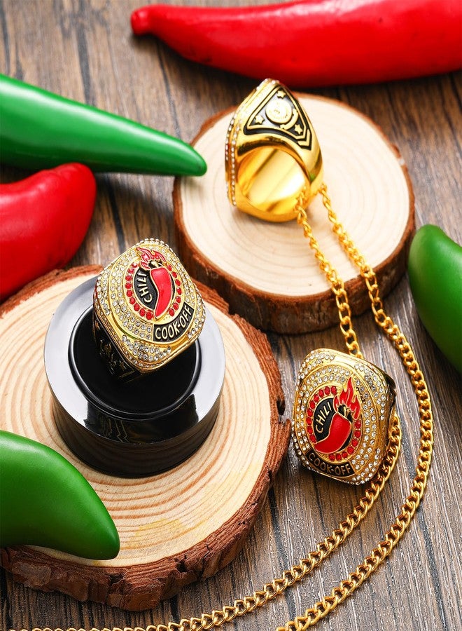 Highergo 3 Pcs Chili Cook Off Championship Trophy Ring 1st 2nd 3rd Place Medals Chili Cook Off Trophy Award Gift Chili Pepper Prizes with Display Neck Chain and Stand for Cook Off Event - Image 4