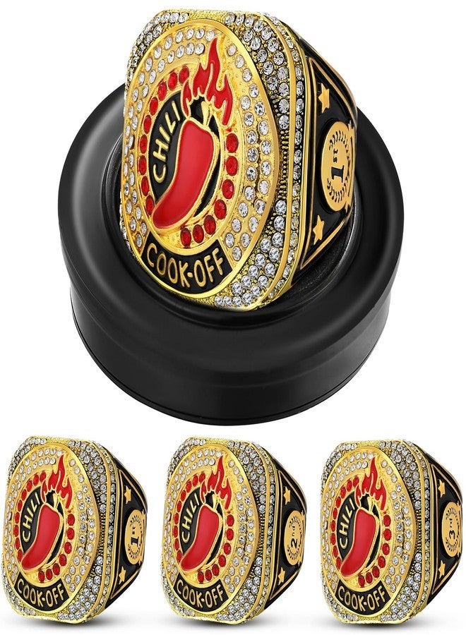 Highergo 3 Pcs Chili Cook Off Championship Trophy Ring 1st 2nd 3rd Place Medals Chili Cook Off Trophy Award Gift Chili Pepper Prizes with Display Neck Chain and Stand for Cook Off Event - Image 1