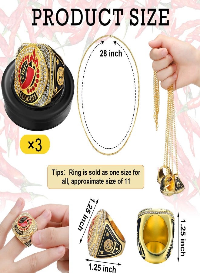 Highergo 3 Pcs Chili Cook Off Championship Trophy Ring 1st 2nd 3rd Place Medals Chili Cook Off Trophy Award Gift Chili Pepper Prizes with Display Neck Chain and Stand for Cook Off Event - Image 2