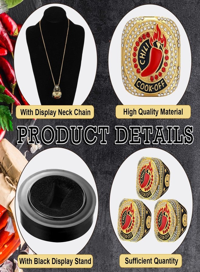 Highergo 3 Pcs Chili Cook Off Championship Trophy Ring 1st 2nd 3rd Place Medals Chili Cook Off Trophy Award Gift Chili Pepper Prizes with Display Neck Chain and Stand for Cook Off Event - Image 3