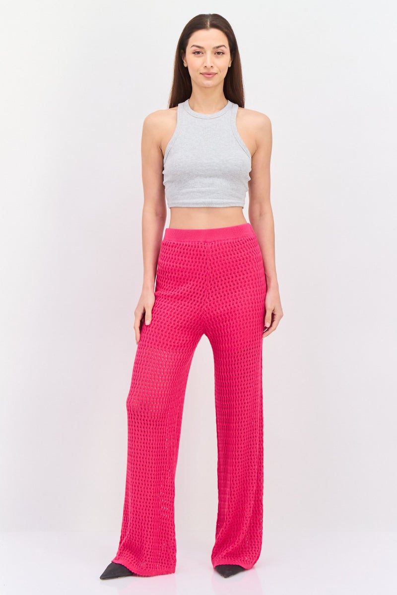 GUESS Women Regular Fit Wide Leg Textured Palazzo Pants, Pink  - Image 4