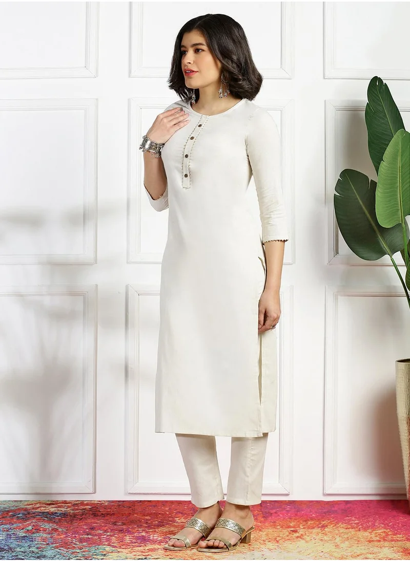 ISHIN Round Neck Straight Kurta With Trousers & Dupatta