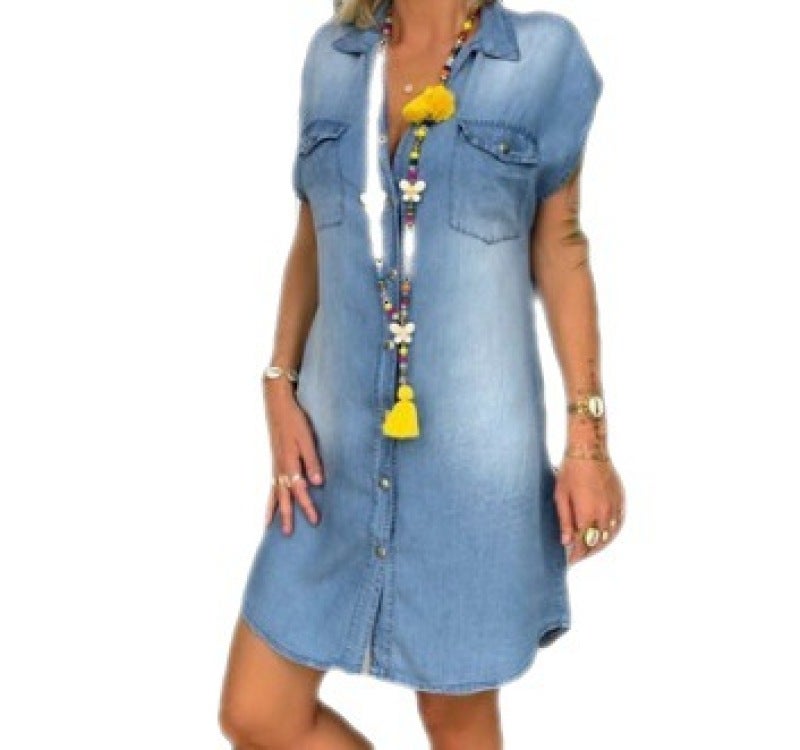 Denim Pocket Button Short Sleeve Dress Light Blue M - Soft Comfortable Fabric Chic Design for Summer Wear - Image 4