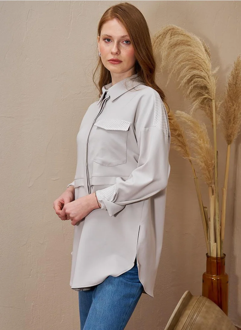 Kayra Mesh-Trimmed Wide Cuff Tunic Light Grey