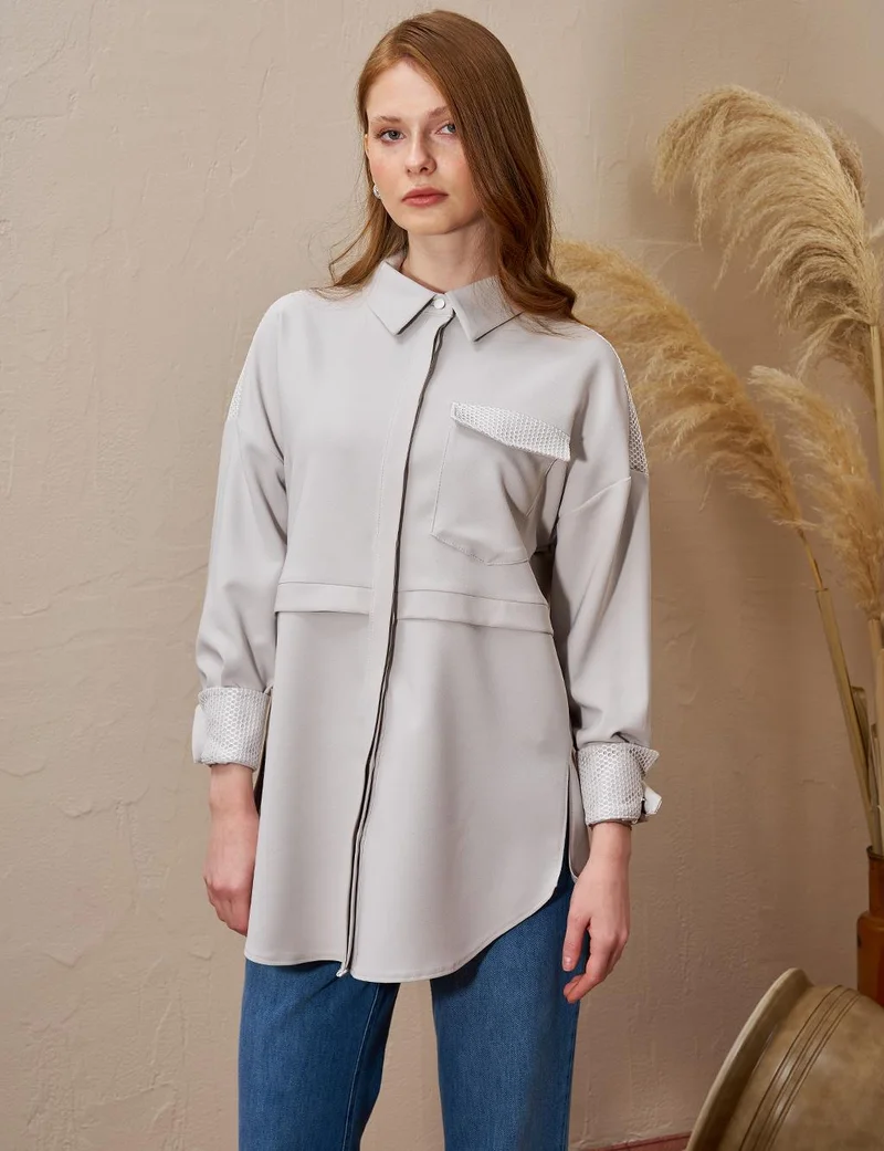 Kayra Mesh-Trimmed Wide Cuff Tunic Light Grey