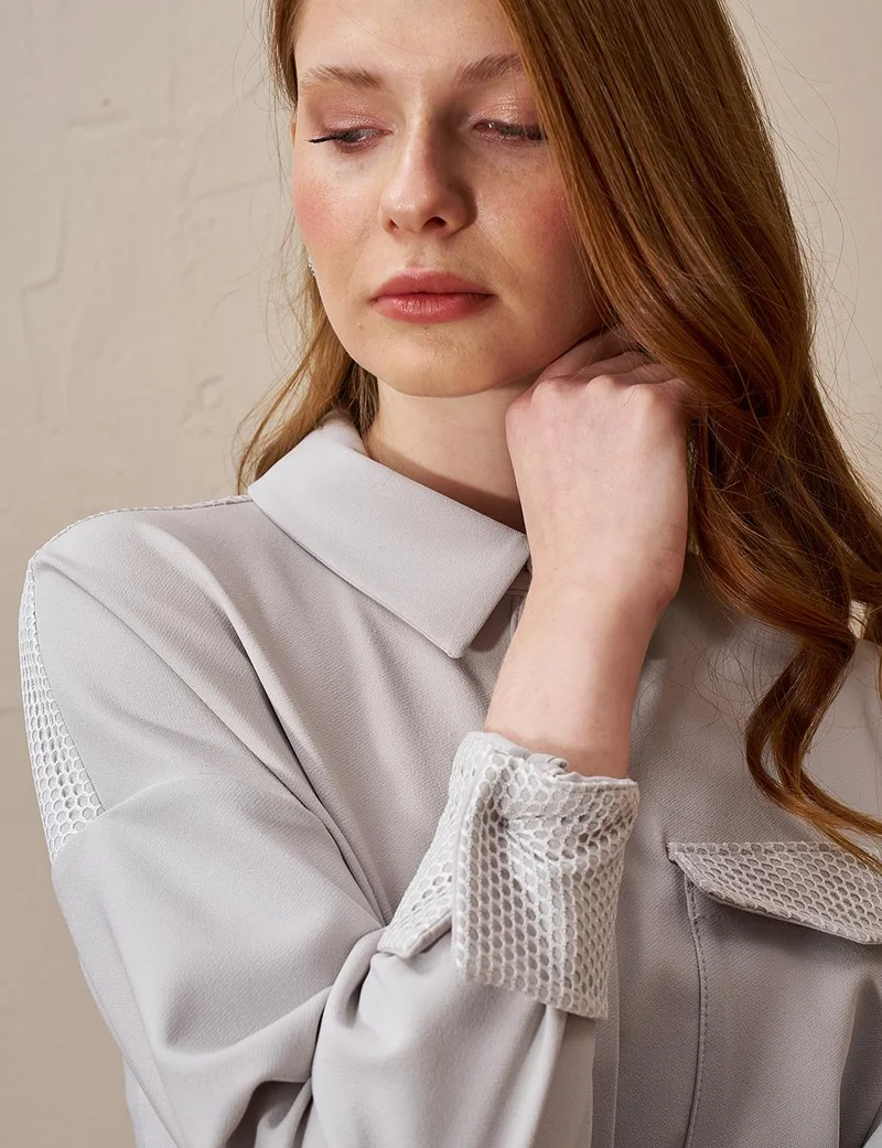 Kayra Mesh-Trimmed Wide Cuff Tunic Light Grey