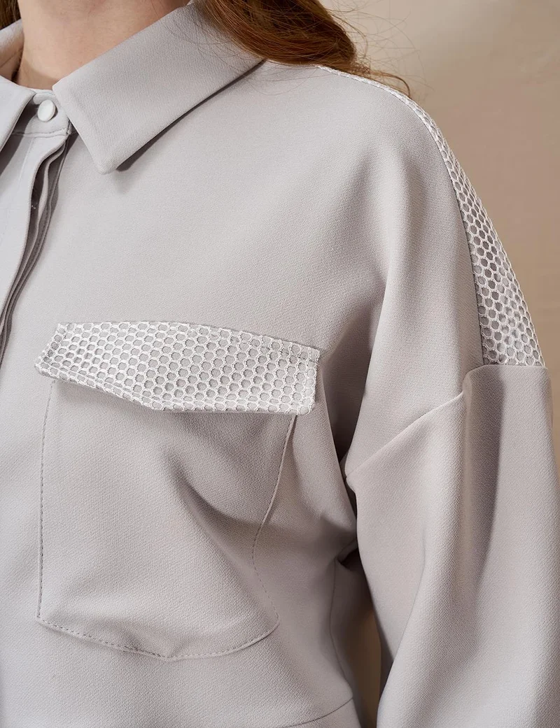 Kayra Mesh-Trimmed Wide Cuff Tunic Light Grey