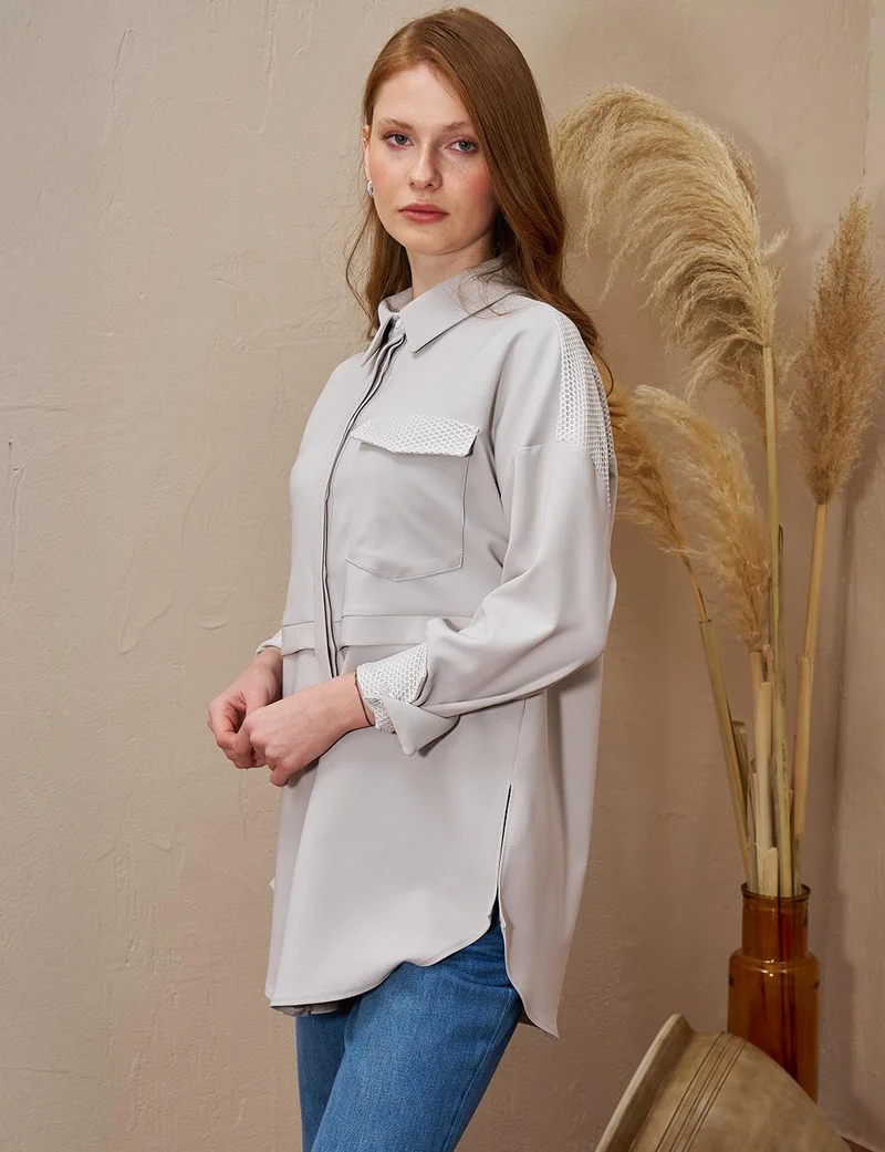 Kayra Mesh-Trimmed Wide Cuff Tunic Light Grey