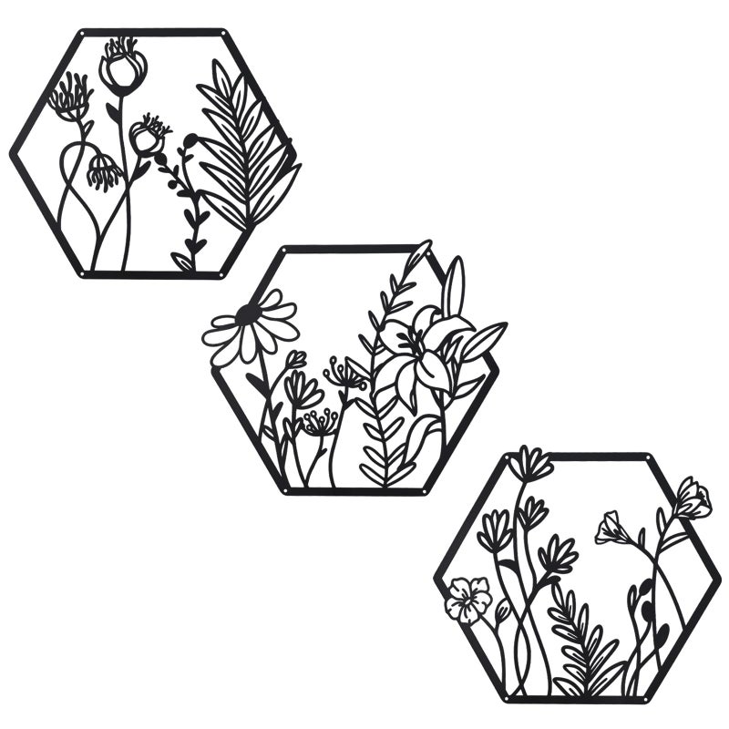 OYEFLY 3 Pcs Metal Flower Wall Decor,Flower Art Wall Decor,Farmhouse Wall Decor (Black) - Image 1